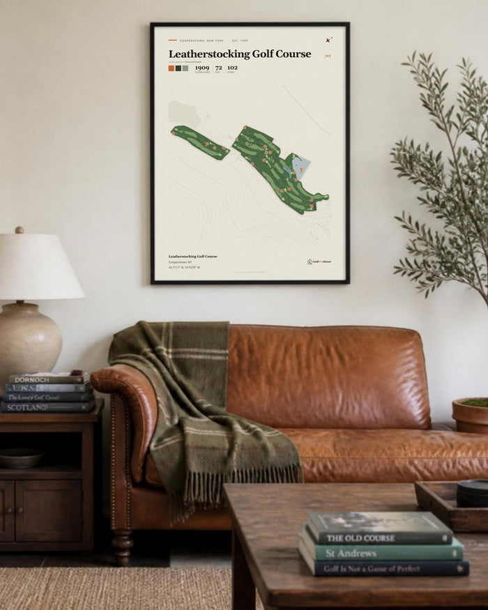 Leatherstocking Golf Course golf course print, above a living room sofa