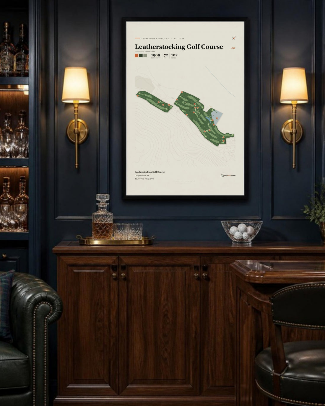Leatherstocking Golf Course golf course print, above a home bar