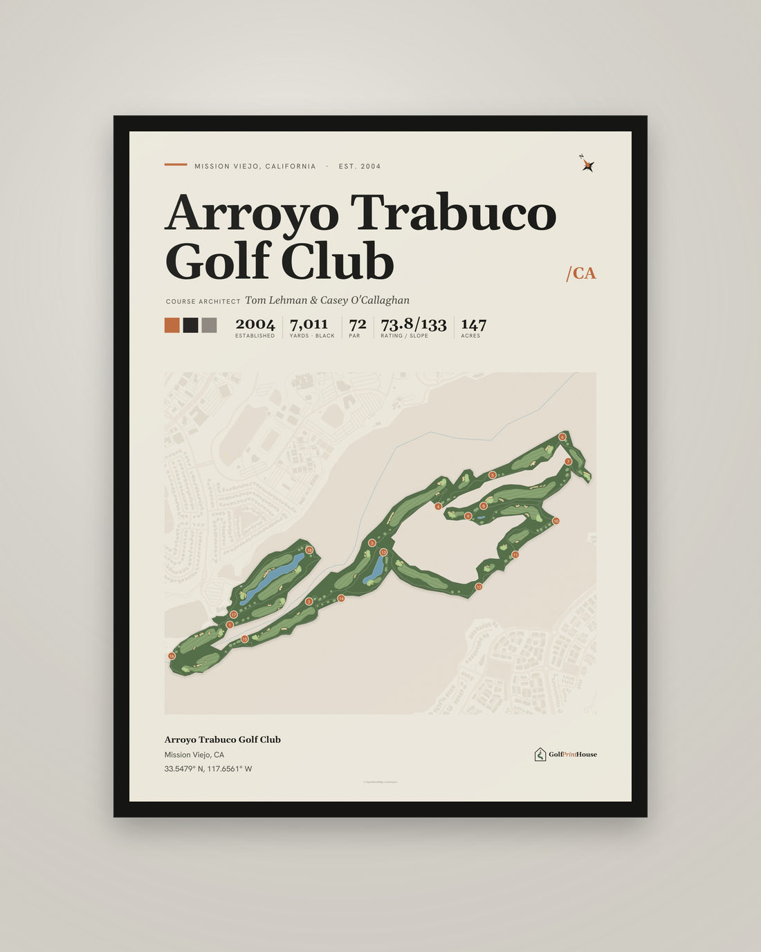 Arroyo Trabuco Golf Club golf course print, framed, on a plain wall