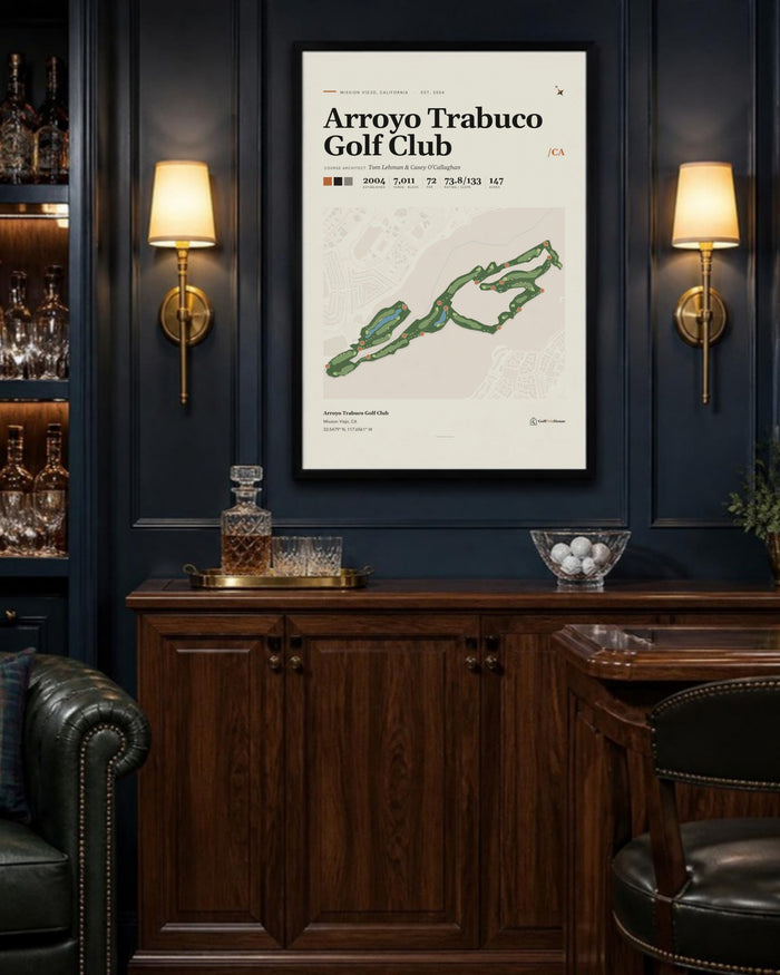 Arroyo Trabuco Golf Club golf course print, above a home bar