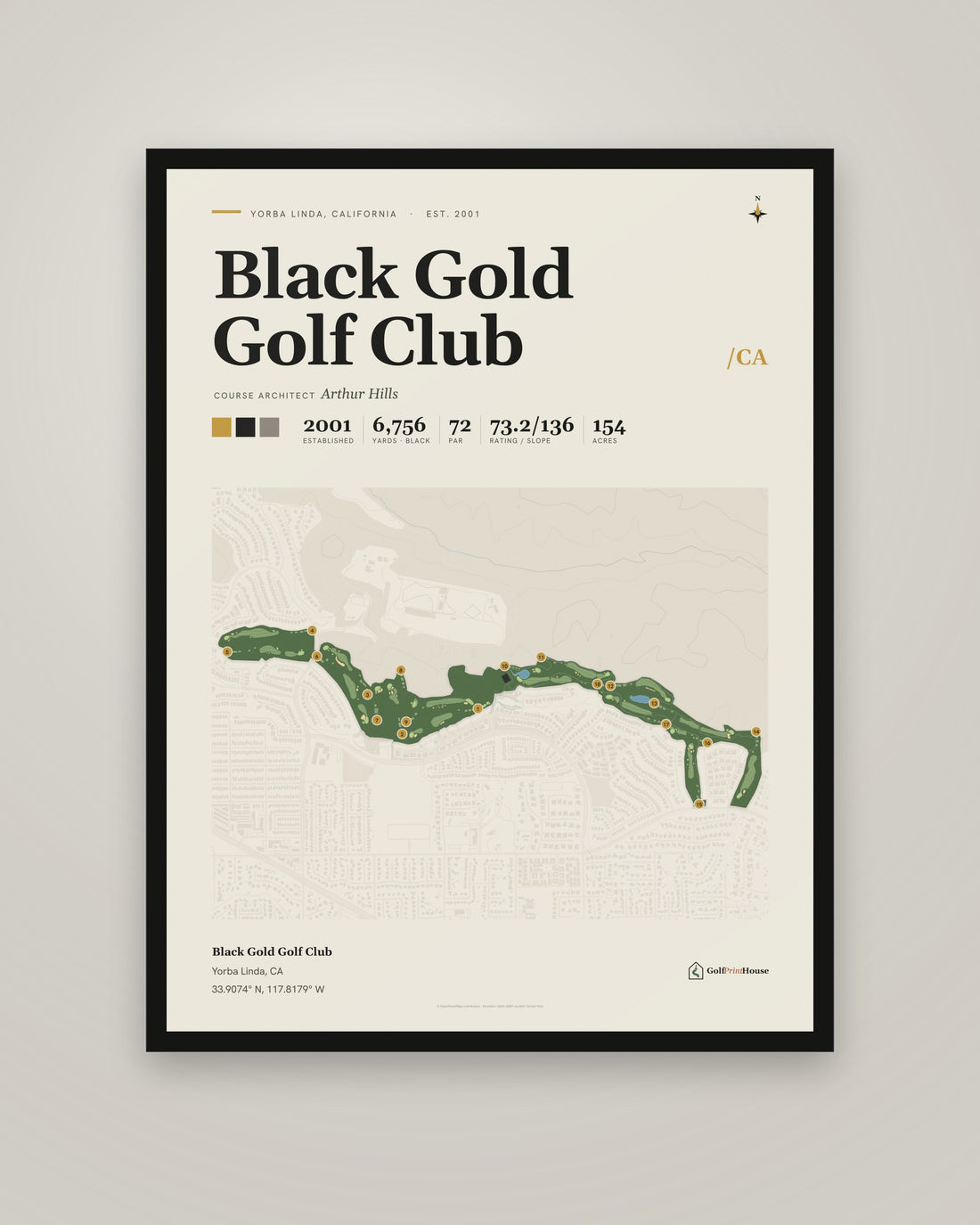 Black Gold Golf Club golf course print, framed, on a plain wall