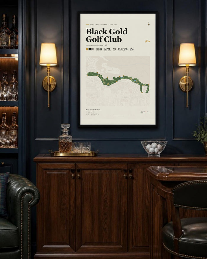 Black Gold Golf Club golf course print, above a home bar