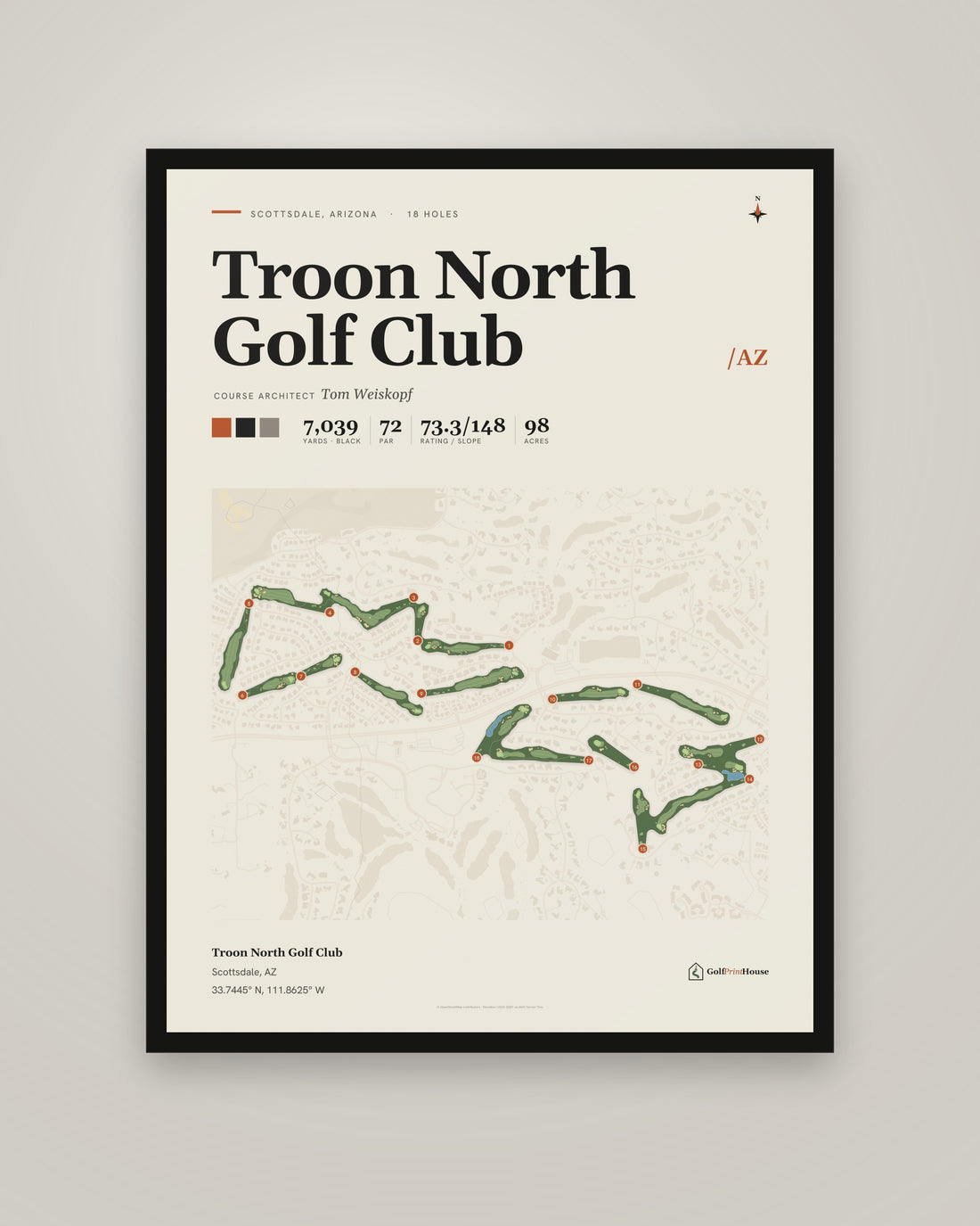 Troon North Golf Club golf course print, framed, on a plain wall