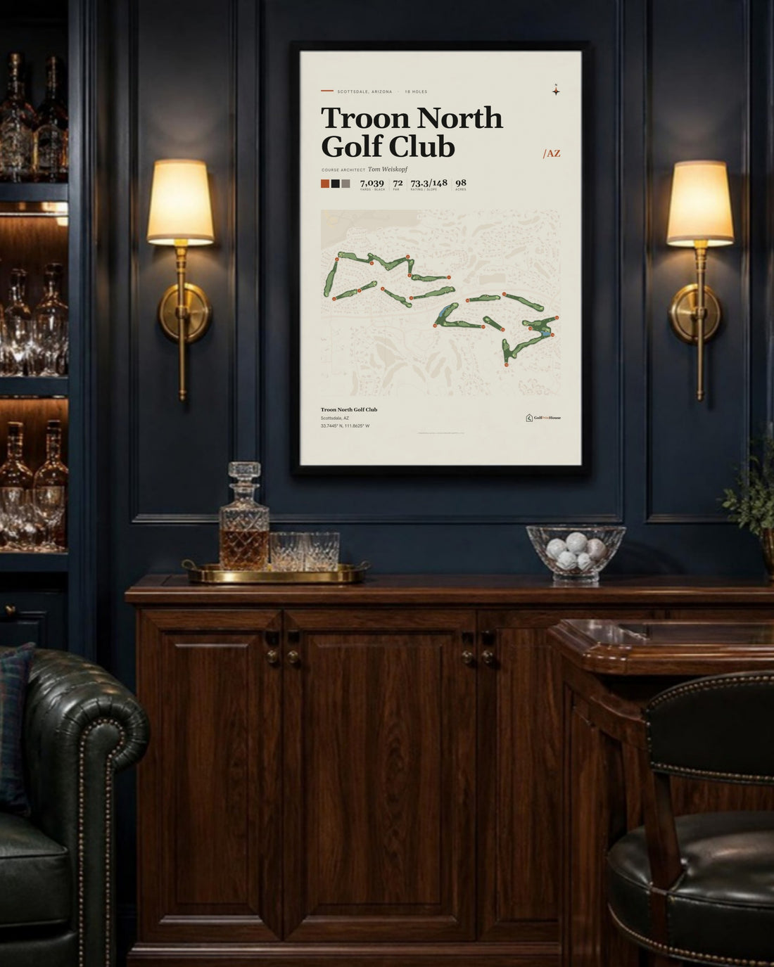 Troon North Golf Club golf course print, above a home bar