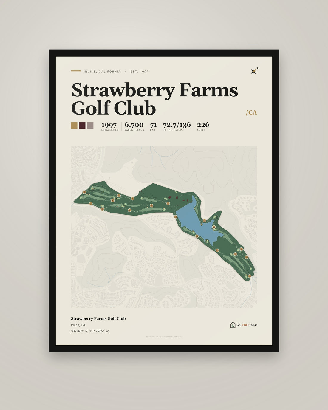 Strawberry Farms Golf Club golf course print, framed, on a plain wall