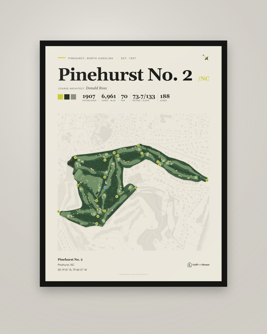 Pinehurst No. 2 golf course print, framed, on a plain wall