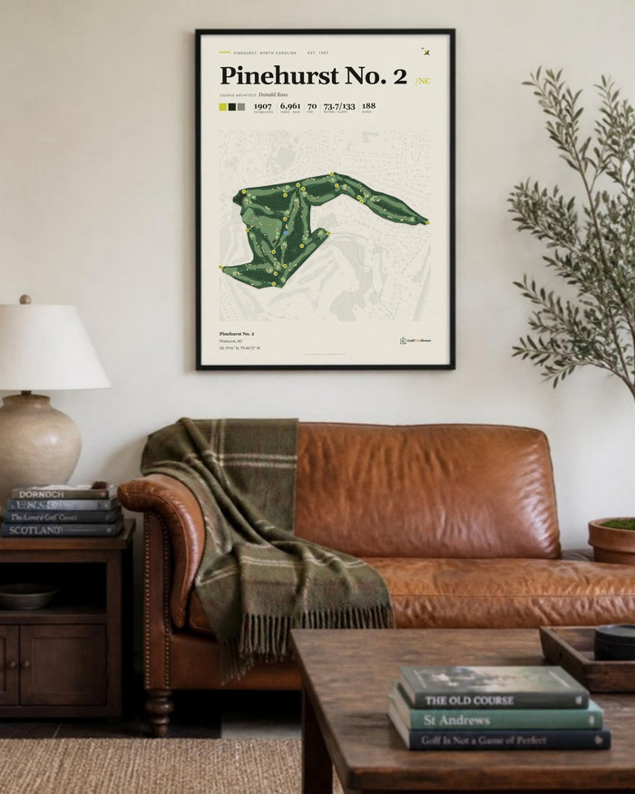 Pinehurst No. 2 golf course print, above a living room sofa