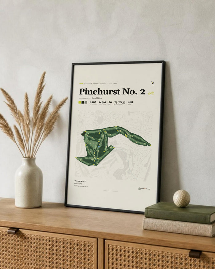 Pinehurst No. 2 golf course print, leaning on a shelf