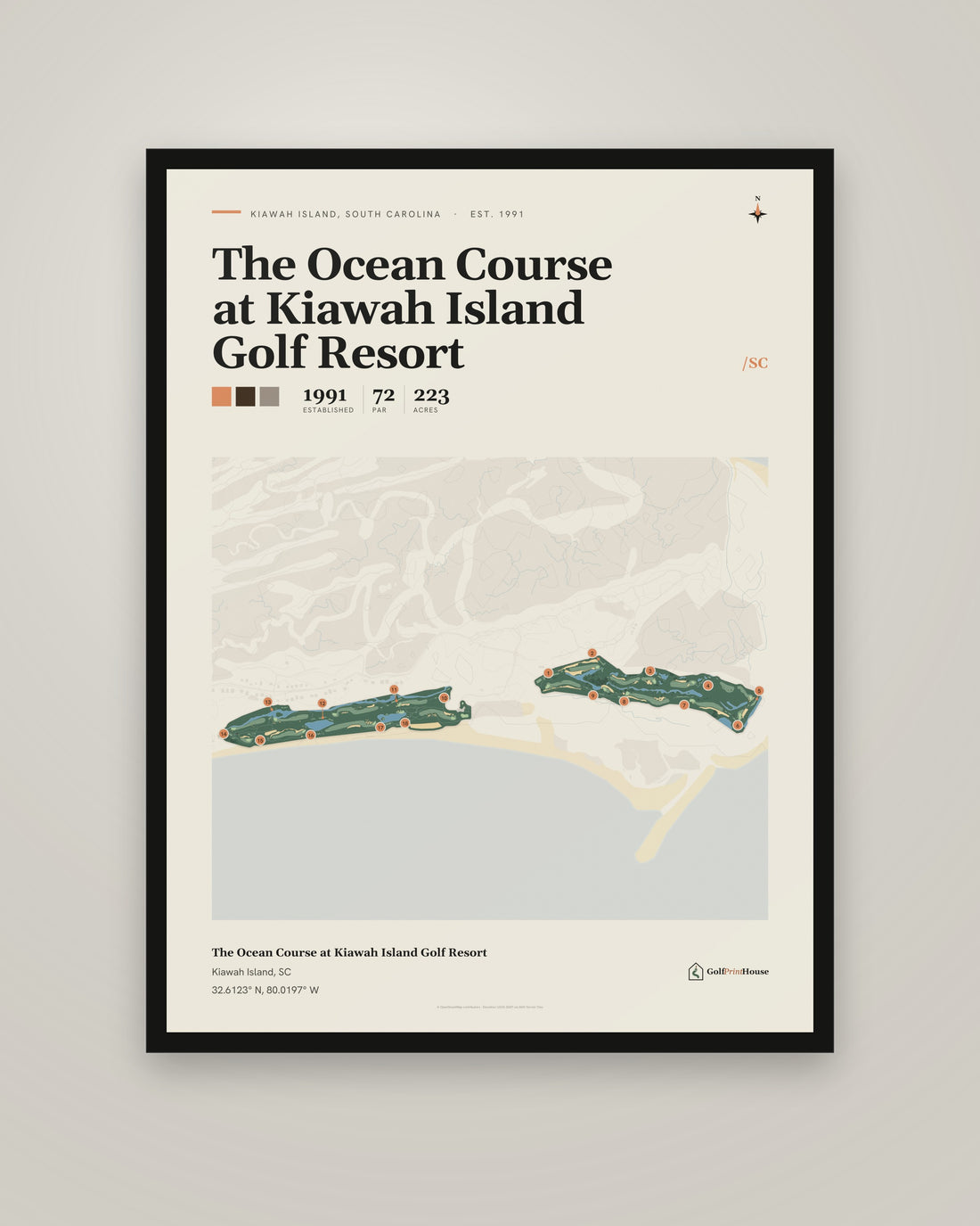 The Ocean Course at Kiawah Island Golf Resort golf course print, framed, on a plain wall