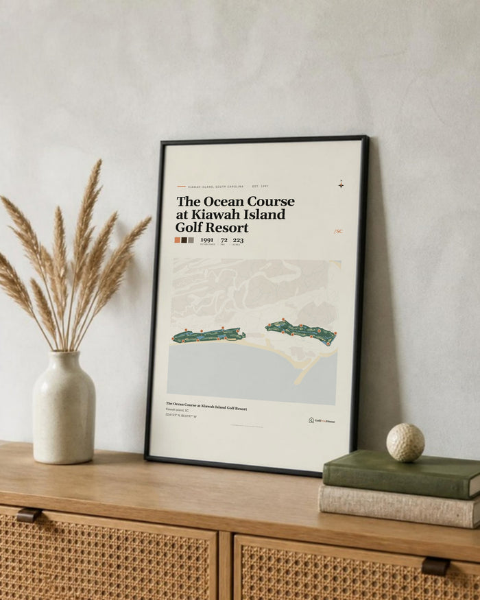 The Ocean Course at Kiawah Island Golf Resort golf course print, leaning on a shelf
