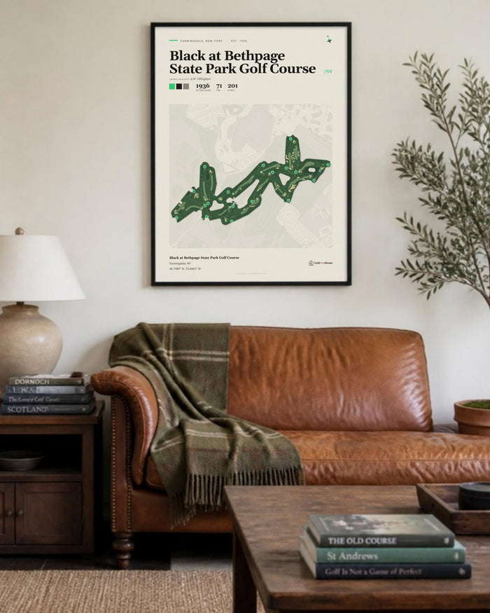 Black at Bethpage State Park Golf Course golf course print, above a living room sofa