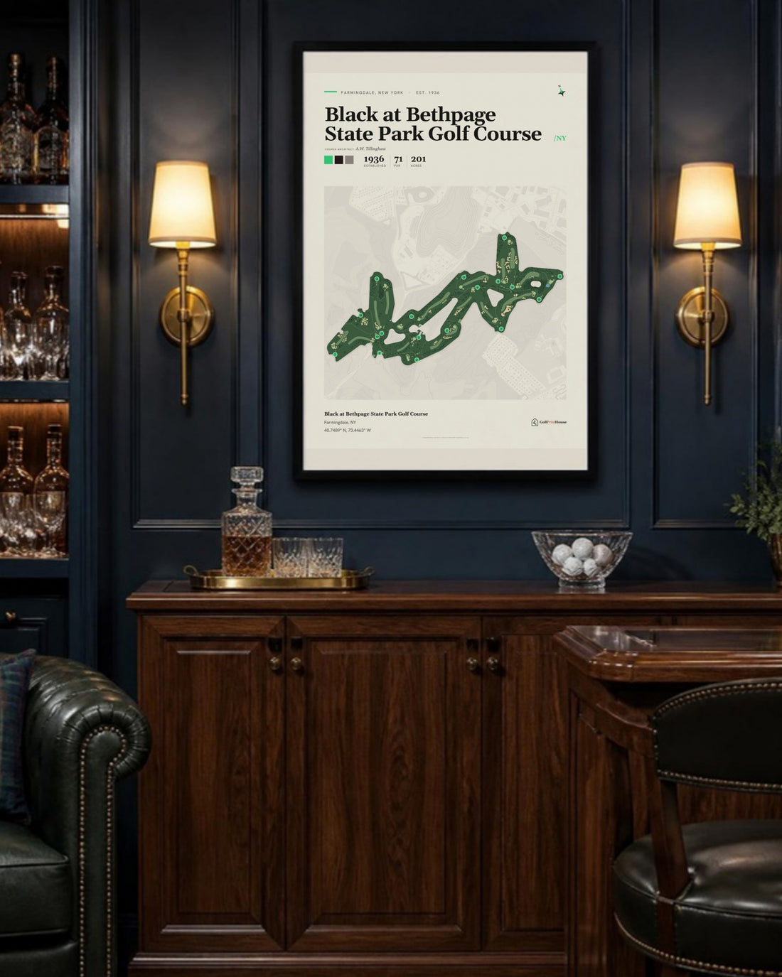 Black at Bethpage State Park Golf Course golf course print, above a home bar