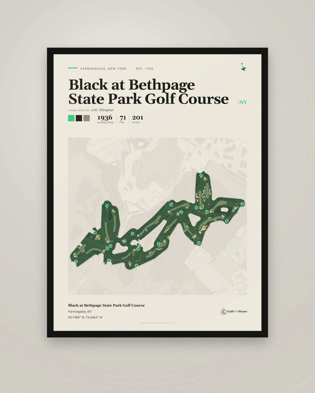 Black at Bethpage State Park Golf Course golf course print, framed, on a plain wall