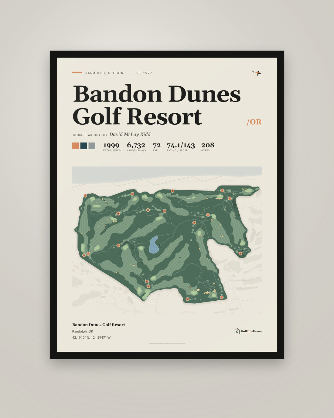 Bandon Dunes Golf Resort golf course print, framed, on a plain wall