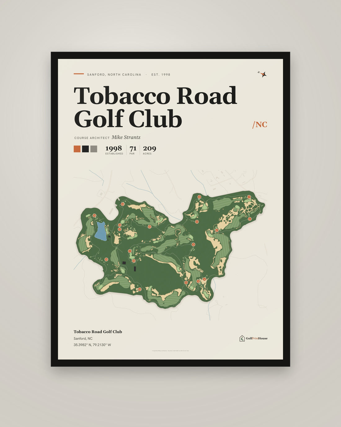 Tobacco Road Golf Club golf course print, framed, on a plain wall