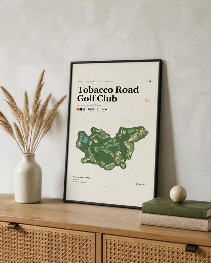 Tobacco Road Golf Club golf course print, leaning on a shelf