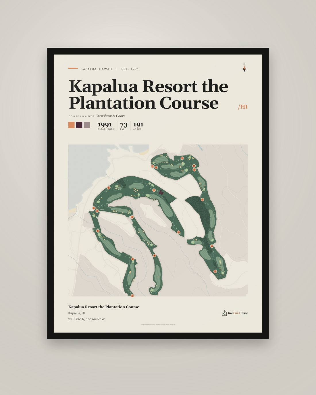 Kapalua Resort the Plantation Course golf course print, framed, on a plain wall