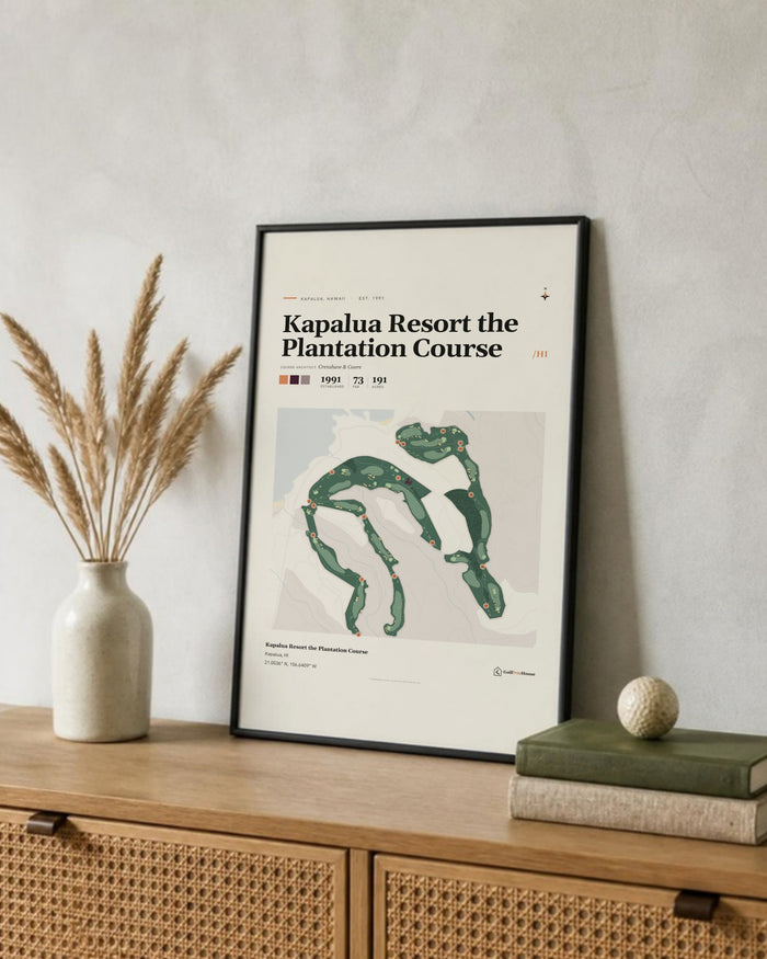 Kapalua Resort the Plantation Course golf course print, leaning on a shelf