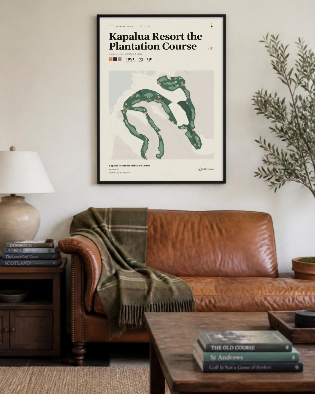 Kapalua Resort the Plantation Course golf course print, above a living room sofa