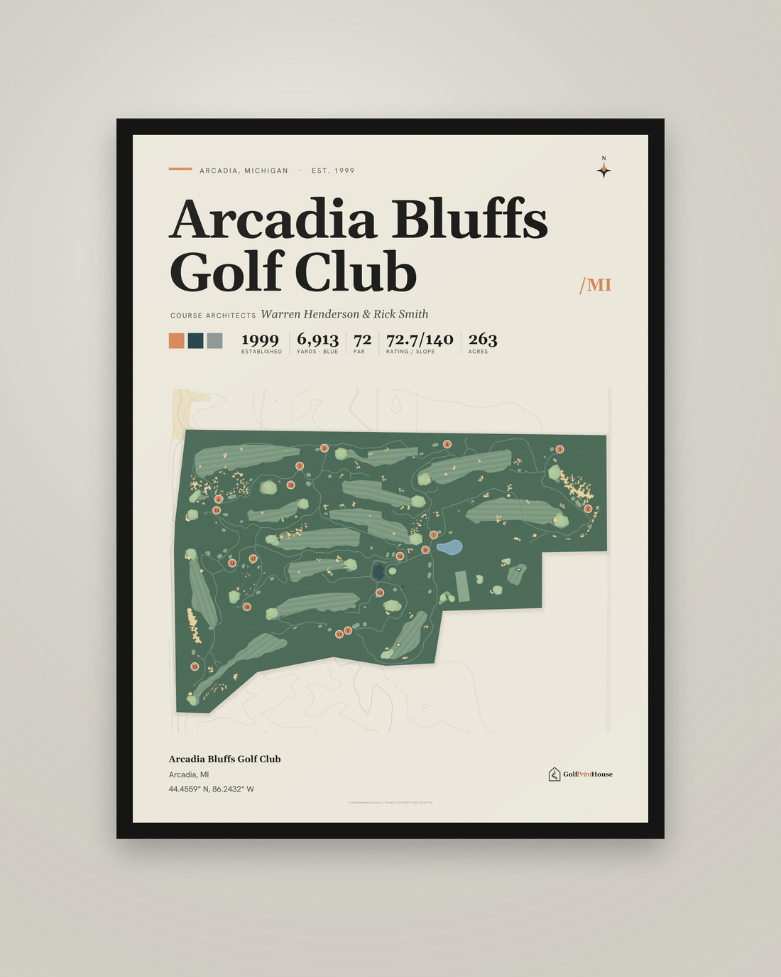 Arcadia Bluffs Golf Club golf course print, framed, on a plain wall