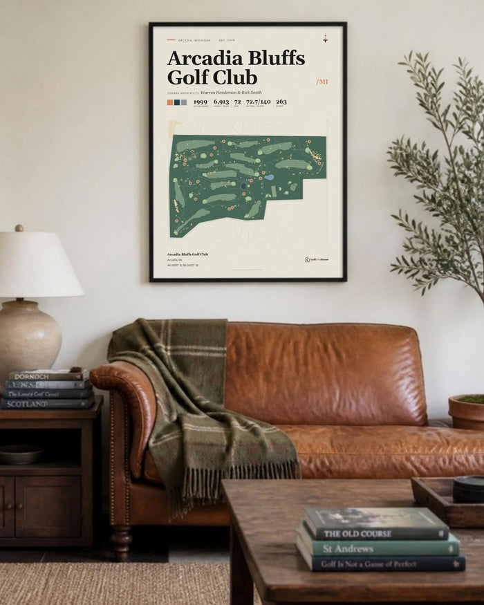 Arcadia Bluffs Golf Club golf course print, above a living room sofa