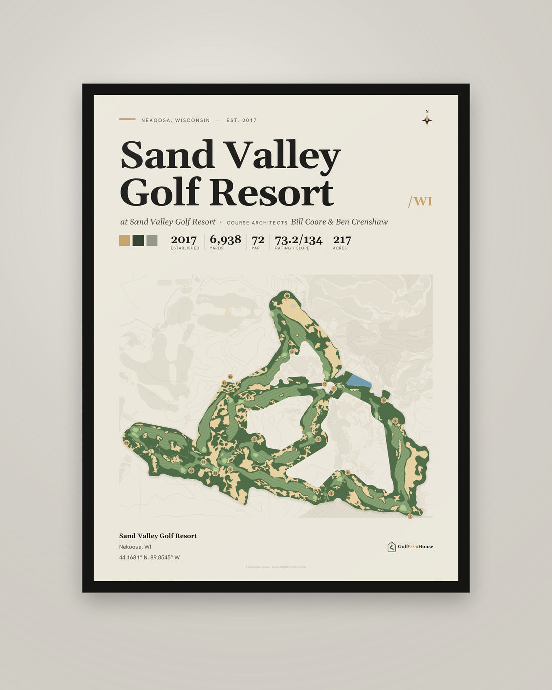 Sand Valley Golf Resort golf course print, framed, on a plain wall
