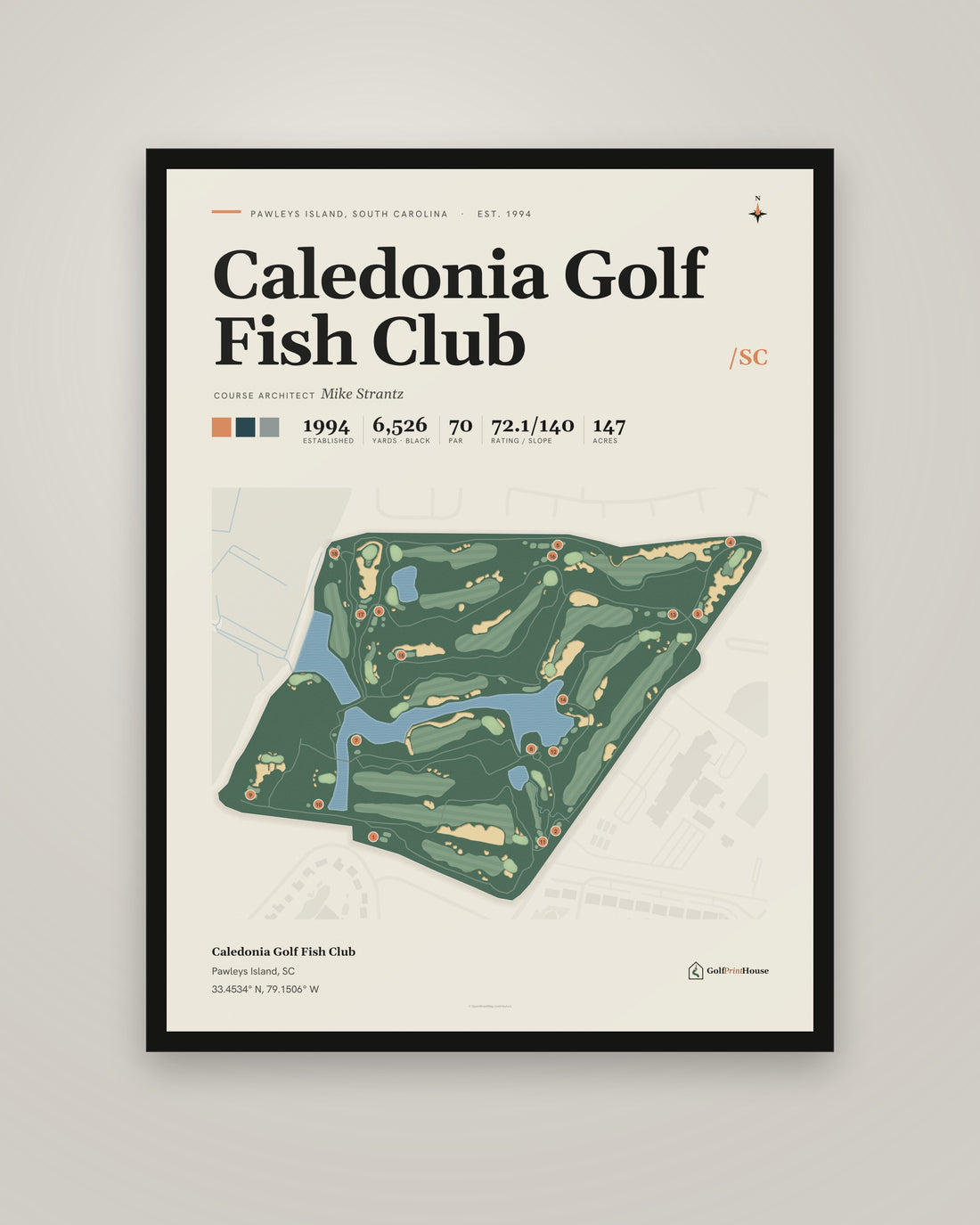 Caledonia Golf Fish Club golf course print, framed, on a plain wall