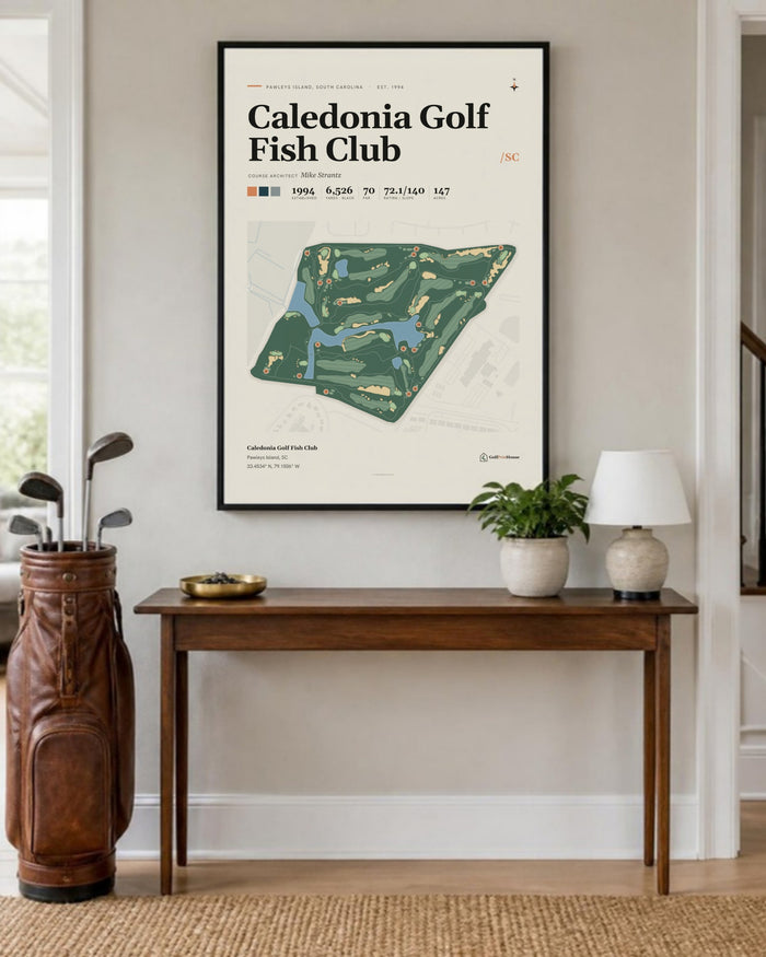 Caledonia Golf Fish Club golf course print, in an entryway