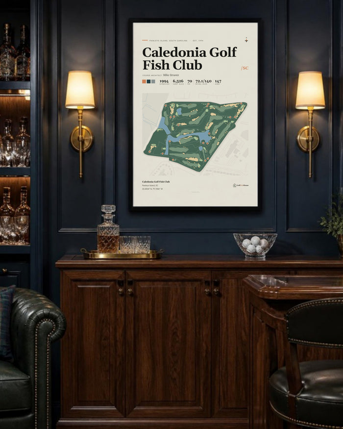 Caledonia Golf Fish Club golf course print, above a home bar