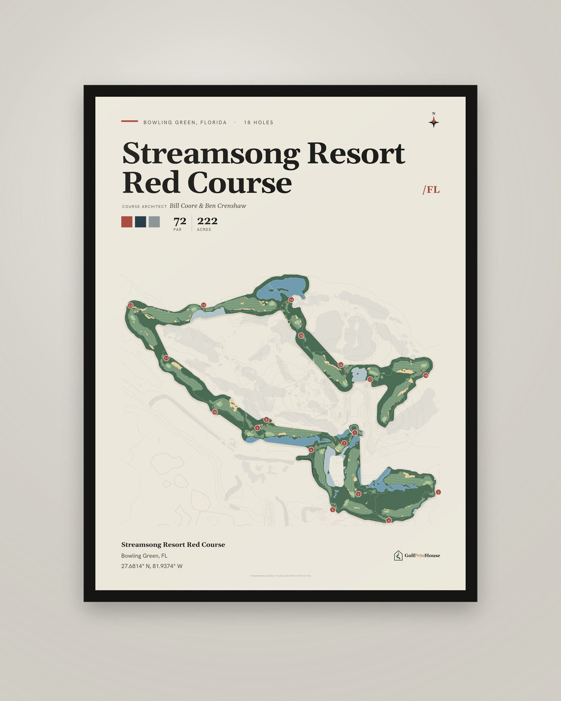 Streamsong Resort Red Course golf course print, framed, on a plain wall