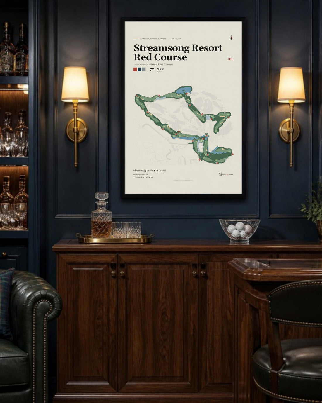 Streamsong Resort Red Course golf course print, above a home bar