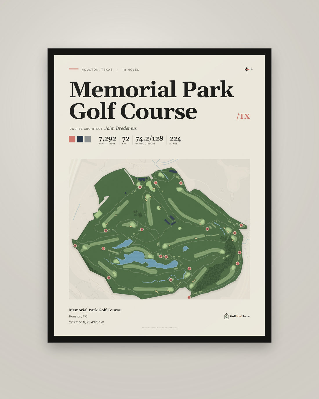 Memorial Park Golf Course golf course print, framed, on a plain wall