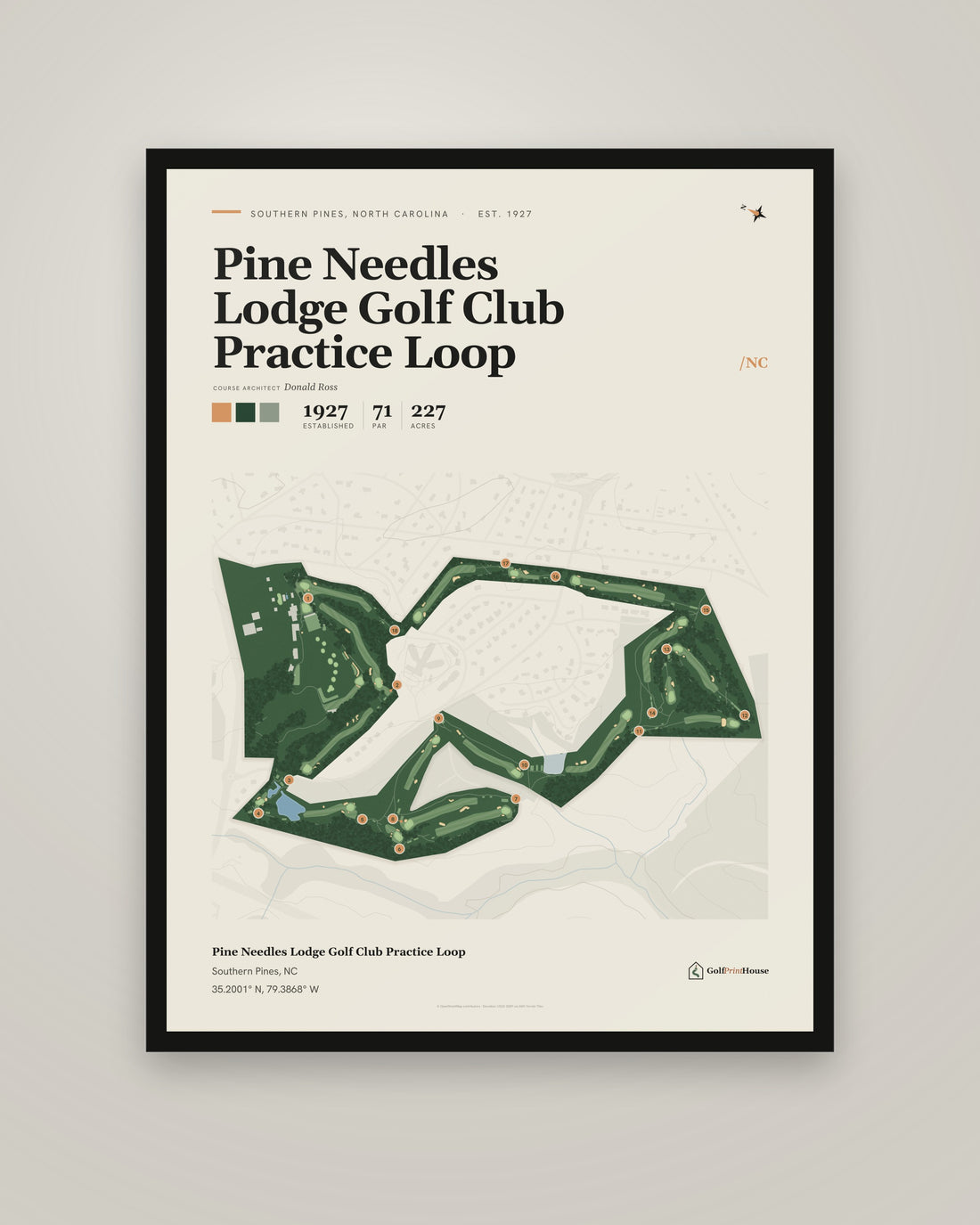 Pine Needles Lodge Golf Club Practice Loop golf course print, framed, on a plain wall