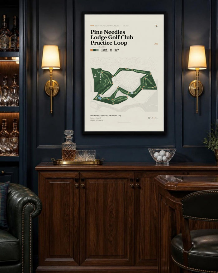 Pine Needles Lodge Golf Club Practice Loop golf course print, above a home bar