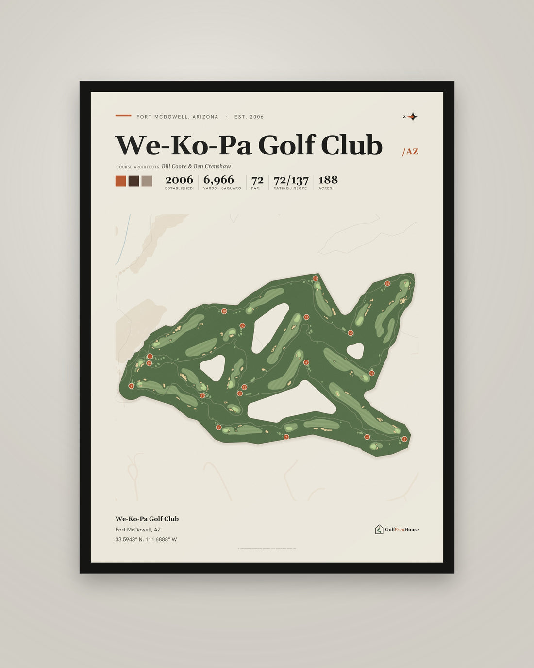 We-Ko-Pa Golf Club golf course print, framed, on a plain wall