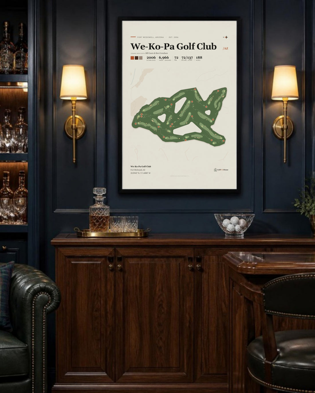 We-Ko-Pa Golf Club golf course print, above a home bar