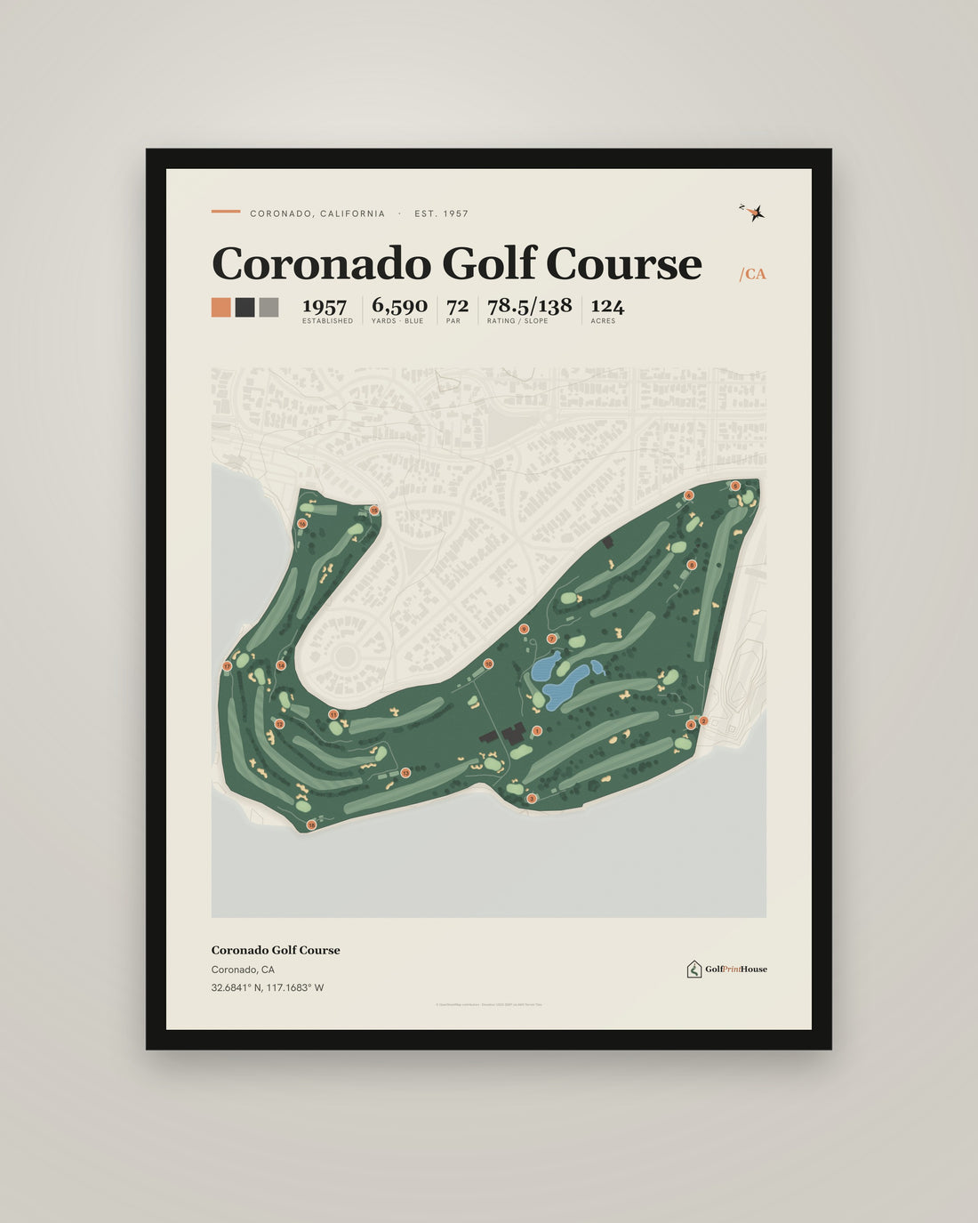 Coronado Golf Course golf course print, framed, on a plain wall
