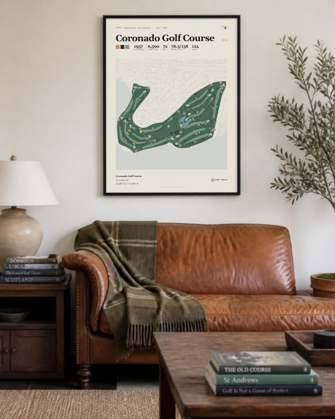Coronado Golf Course golf course print, above a living room sofa