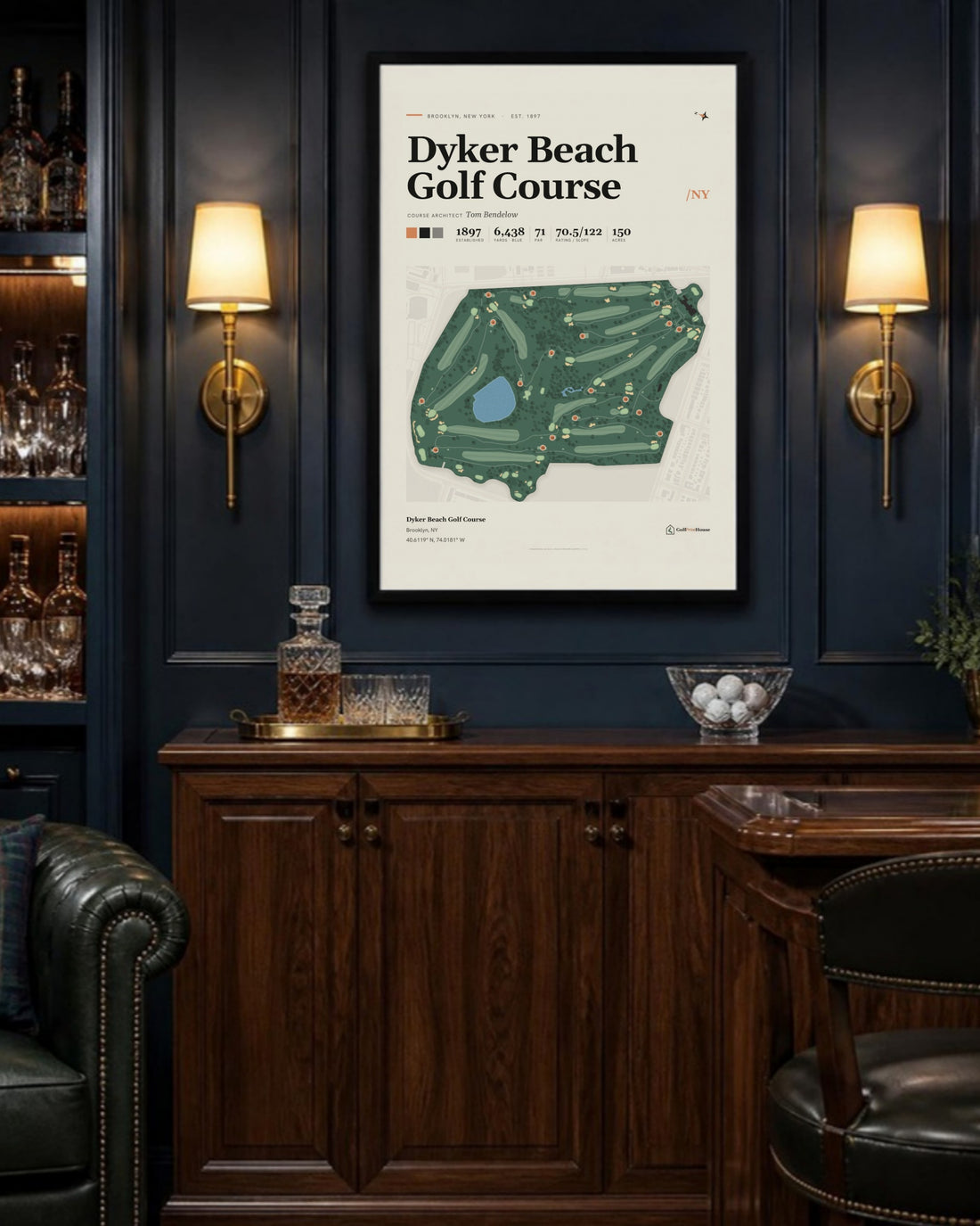 Dyker Beach Golf Course golf course print, above a home bar