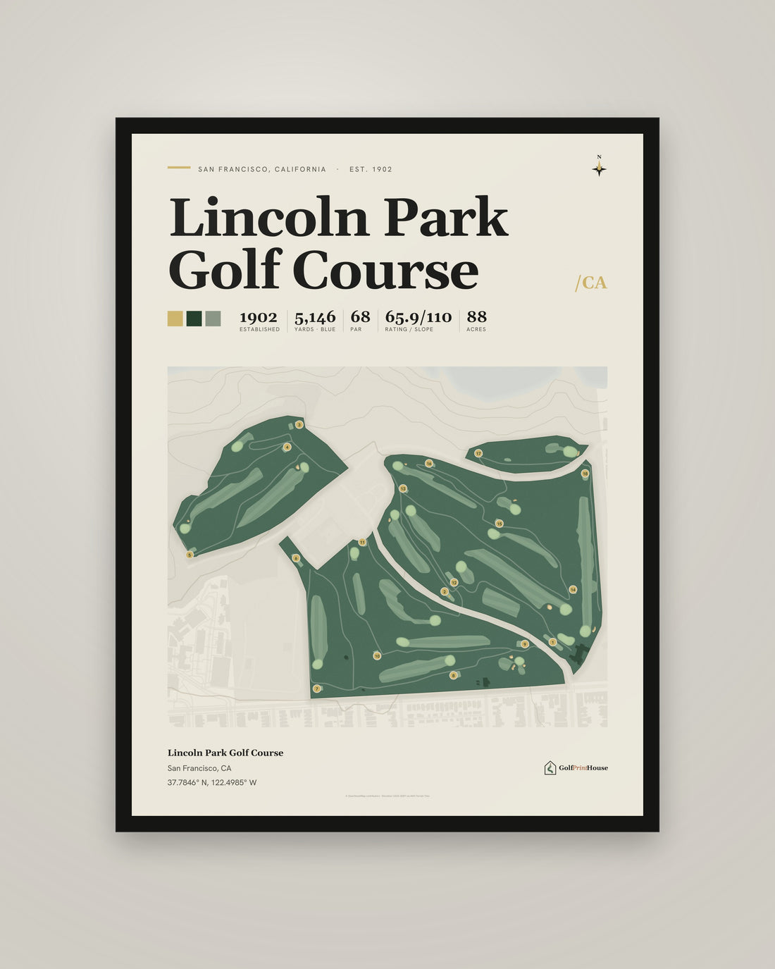 Lincoln Park Golf Course golf course print, framed, on a plain wall