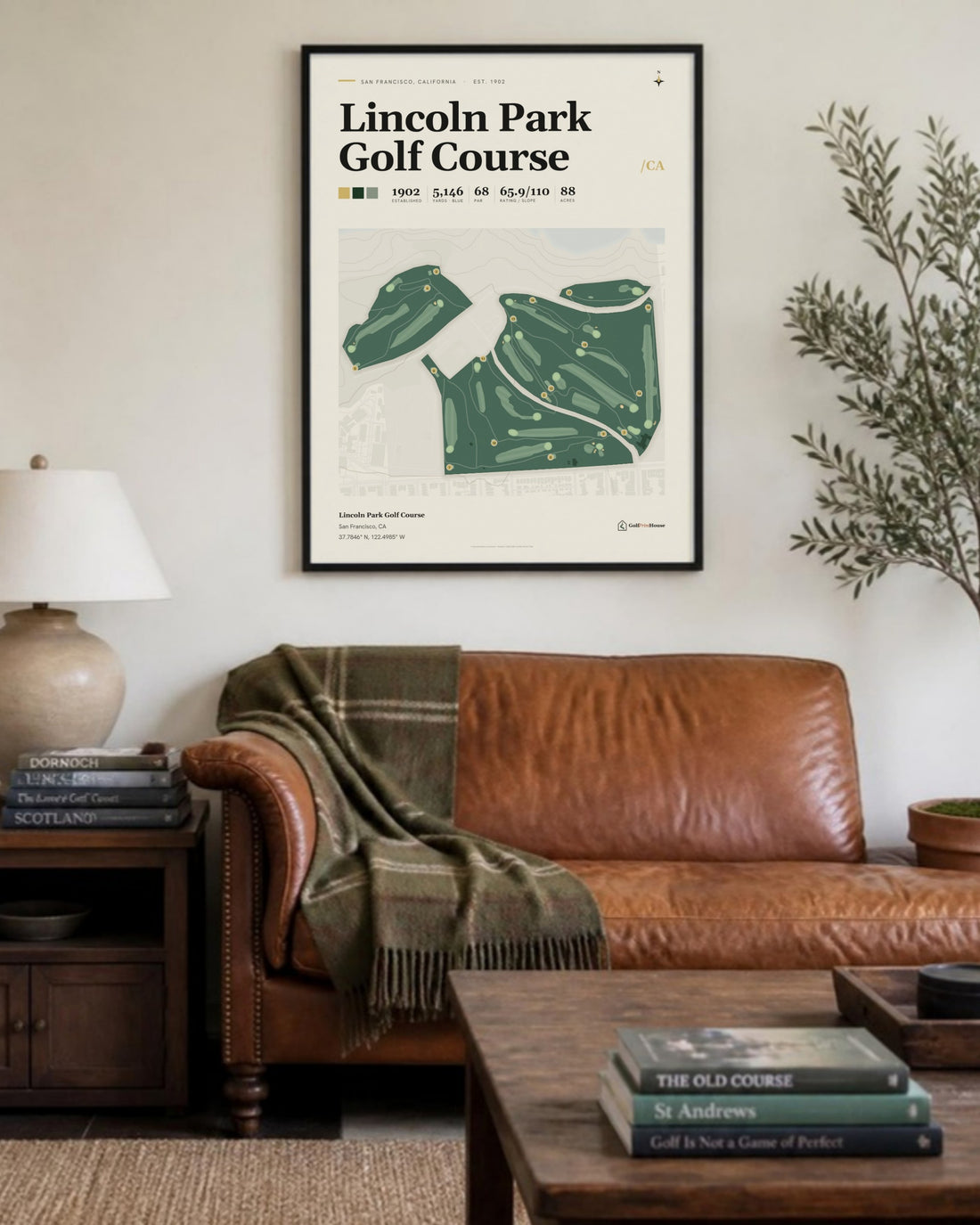 Lincoln Park Golf Course golf course print, above a living room sofa