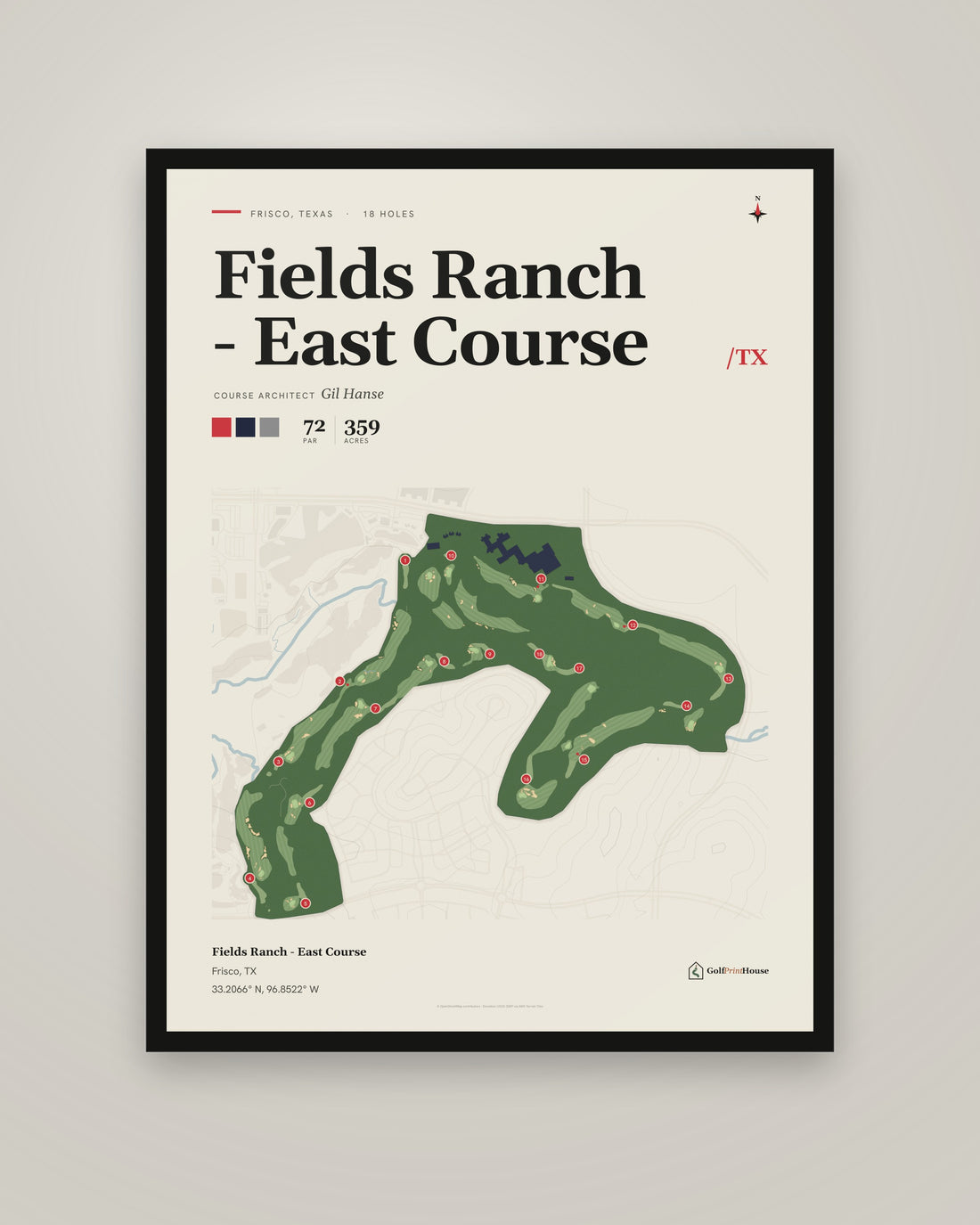 Fields Ranch - East Course golf course print, framed, on a plain wall