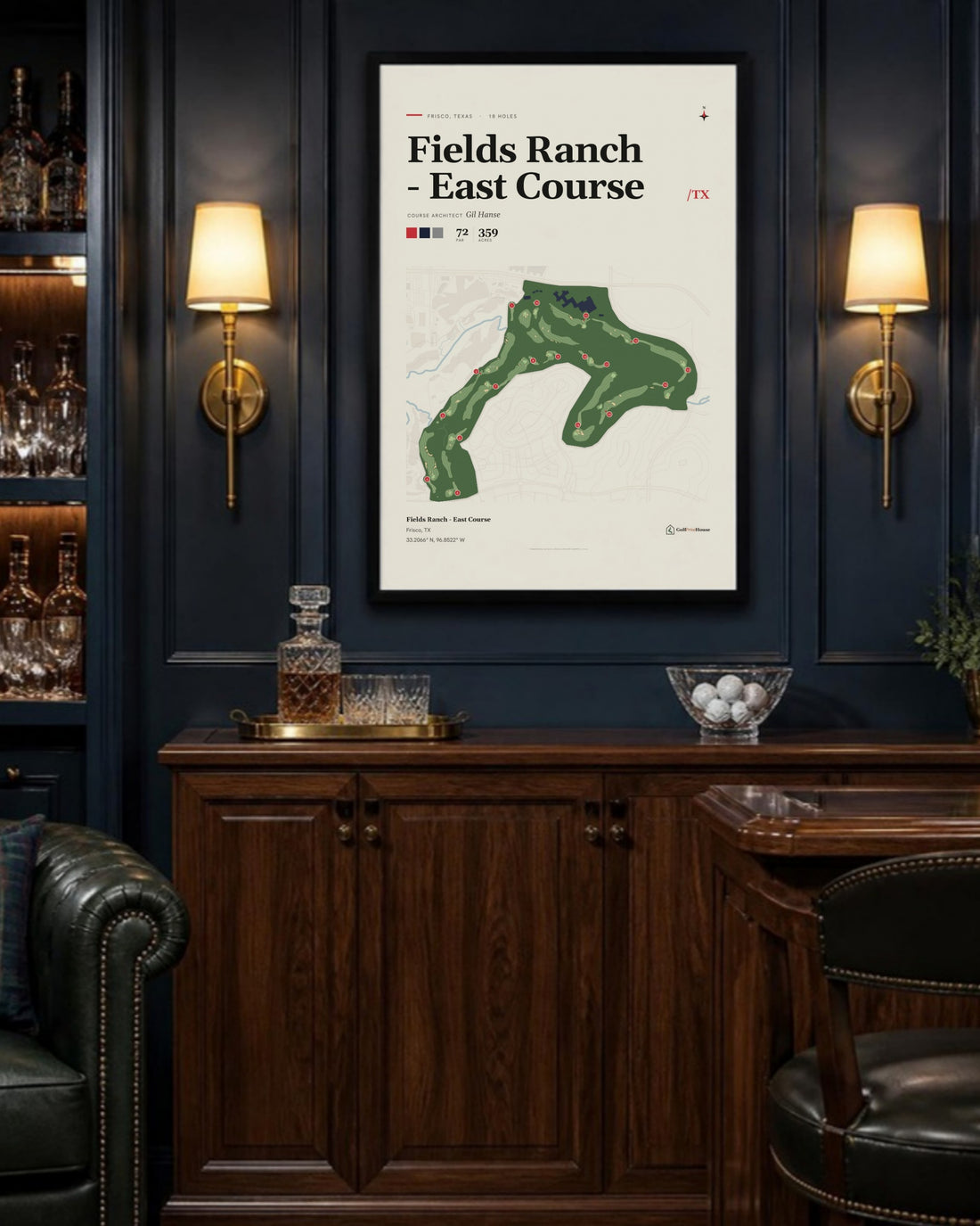 Fields Ranch - East Course golf course print, above a home bar