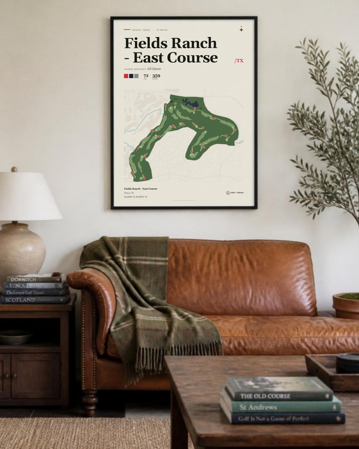 Fields Ranch - East Course golf course print, above a living room sofa