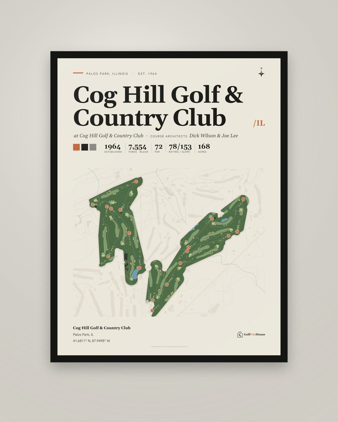Cog Hill Golf & Country Club golf course print, framed, on a plain wall