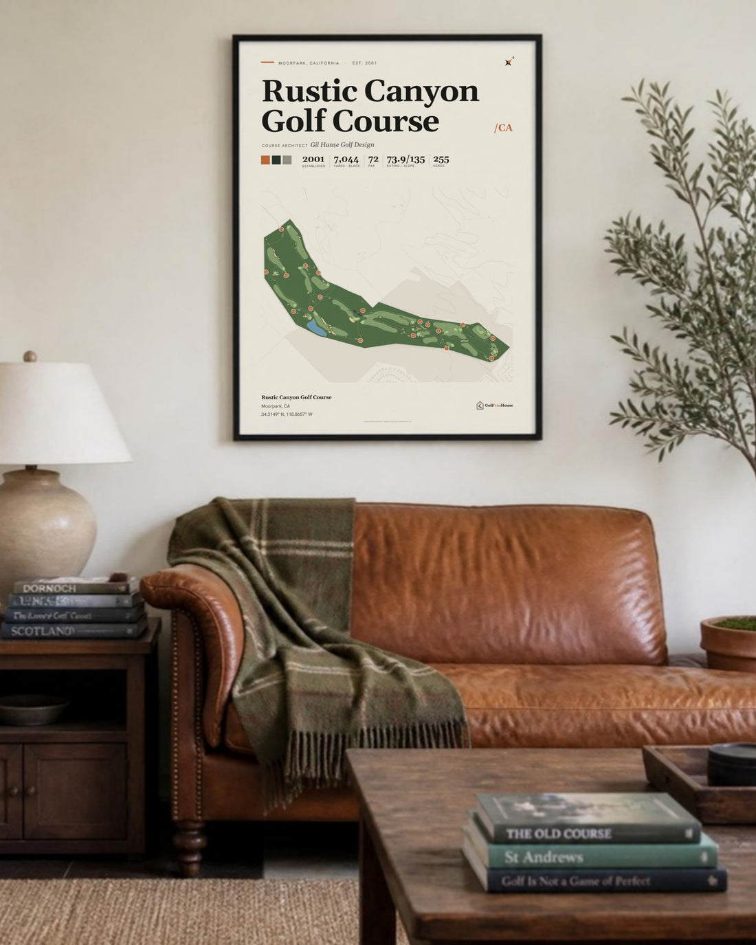 Rustic Canyon Golf Course golf course print, above a living room sofa