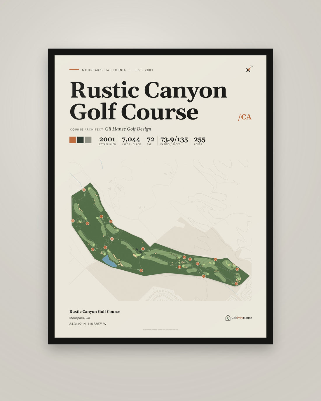 Rustic Canyon Golf Course golf course print, framed, on a plain wall