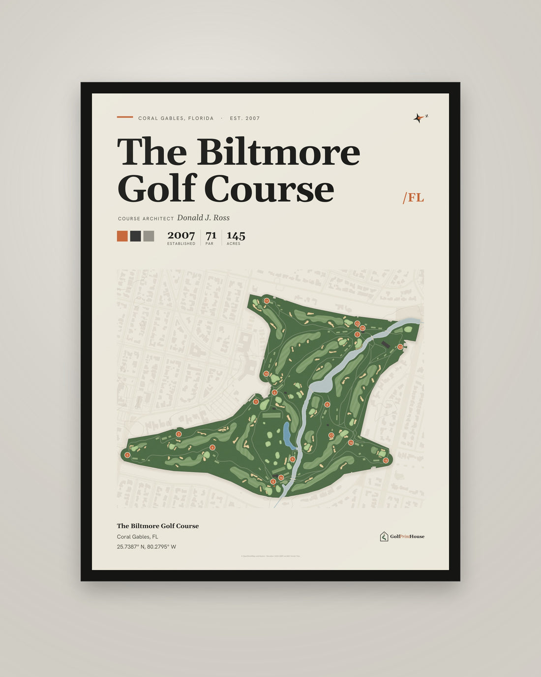 The Biltmore Golf Course golf course print, framed, on a plain wall