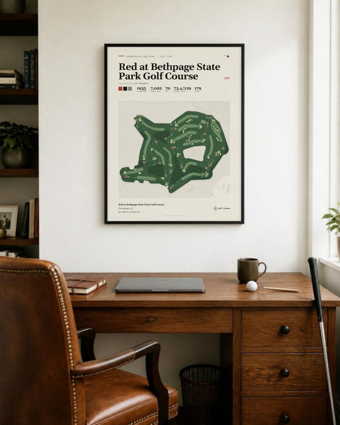 Red at Bethpage State Park Golf Course golf course print, in a home office
