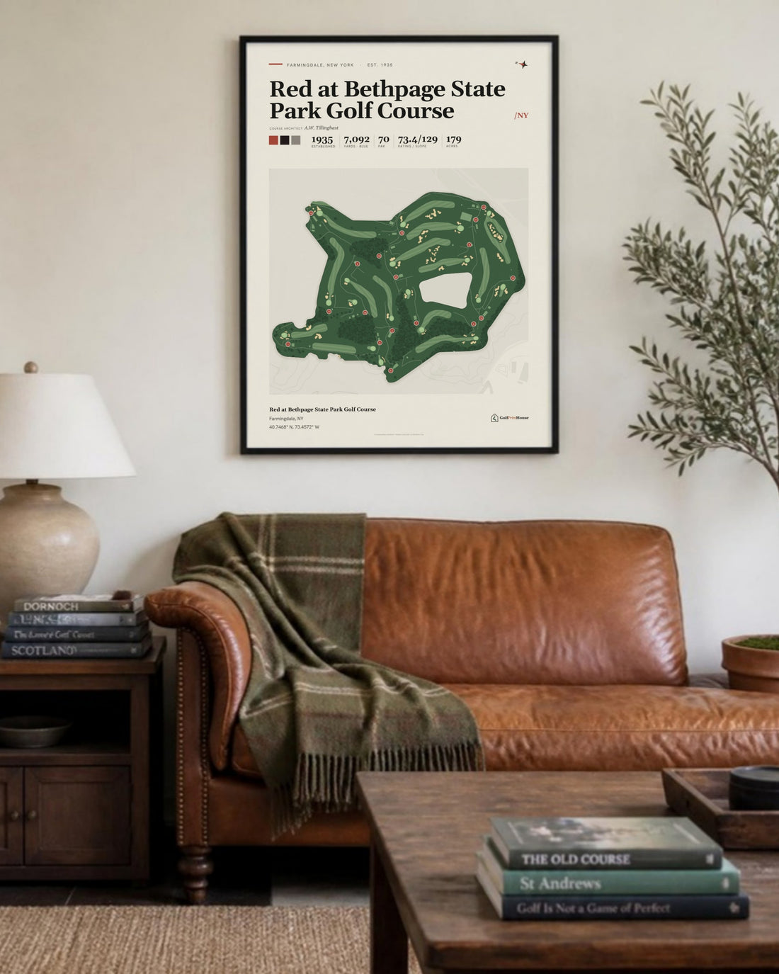 Red at Bethpage State Park Golf Course golf course print, above a living room sofa